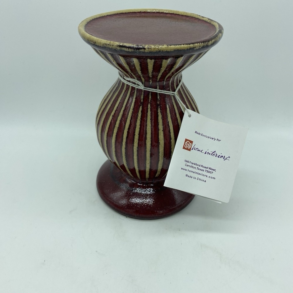 New Home Interiors Red Striped Pillar Candle‎ Holder 7" Glass